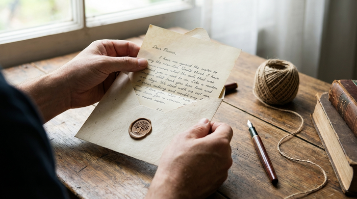 Hände falten einen Brief und stecken ihn in einen Umschlag