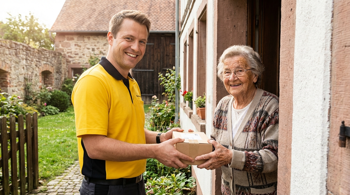 Postbote übergibt ein kleines Paket an eine lächelnde Seniorin an der Haustür