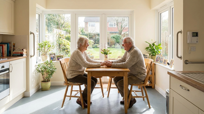 Älteres Ehepaar sitzt entspannt am Küchentisch in einer hellen, sicheren Wohnung