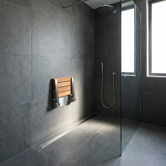 Moderne, bodengleiche Dusche mit rutschfesten Fliesen und klappbarem Duschsitz