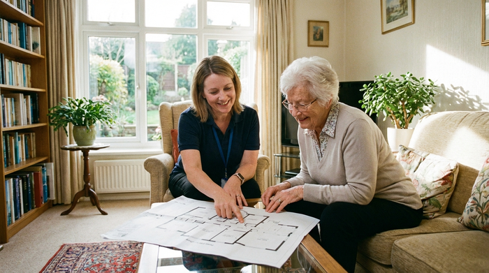 Freundliche Pflegeberaterin im Gespräch mit einer Seniorin im Wohnzimmer, beide betrachten Grundriss