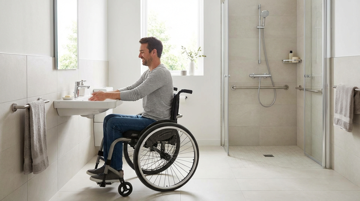 Unterfahrbarer Waschtisch im Badezimmer mit viel Beinfreiheit