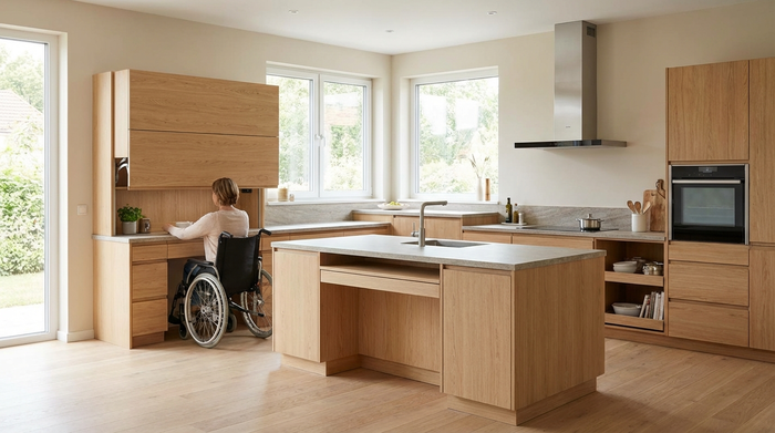 Küche mit abgesenkten Hängeschränken und gut erreichbaren Arbeitsflächen