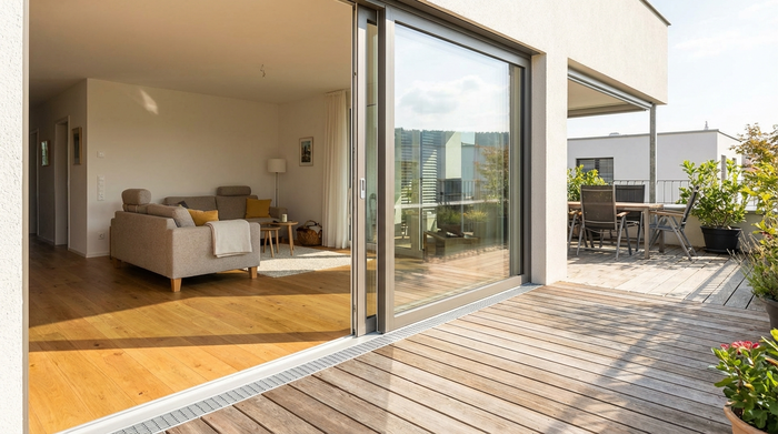 Barrierefreier Übergang vom Wohnzimmer zur Terrasse ohne störende Türschwelle