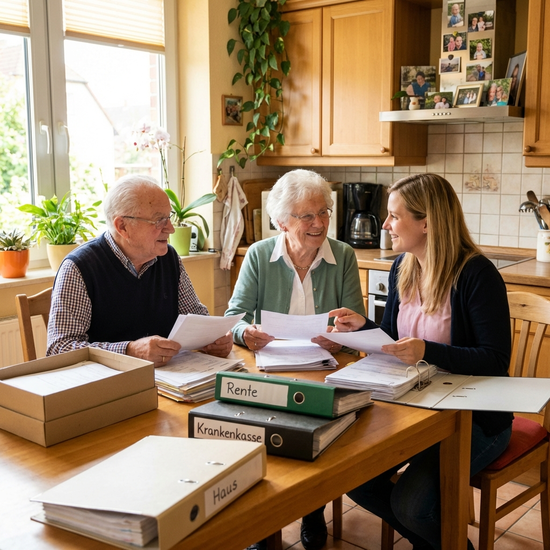Seniorenpaar sitzt am Küchentisch und sortiert gemeinsam mit einer Angehörigen übersichtlich Dokumente