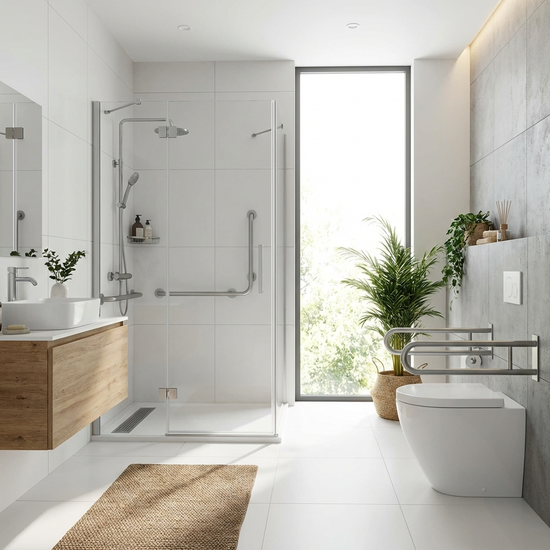 Modernes, helles Badezimmer mit einer ebenerdigen Dusche und Haltegriffen