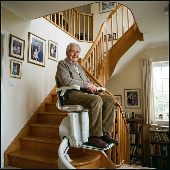 Älterer Herr fährt entspannt mit einem Treppenlift in das obere Stockwerk