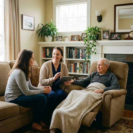 Freundliche Pflegekraft berät eine Tochter und ihren pflegebedürftigen Vater im gemütlichen Wohnzimmer