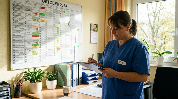 Pflegekraft notiert sorgfältig Daten auf einem Klemmbrett neben einem übersichtlichen Kalender
