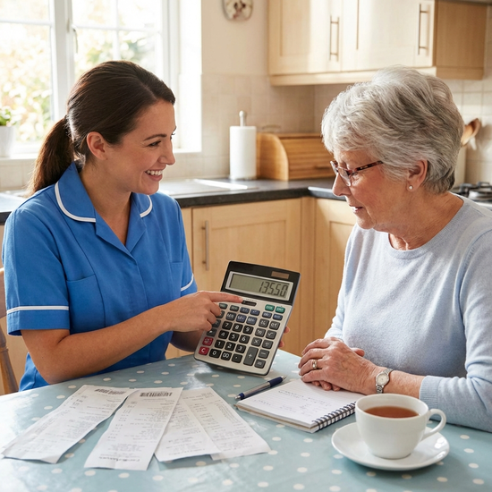Pflegekraft zeigt einer Seniorin auf einem Taschenrechner eine Berechnung
