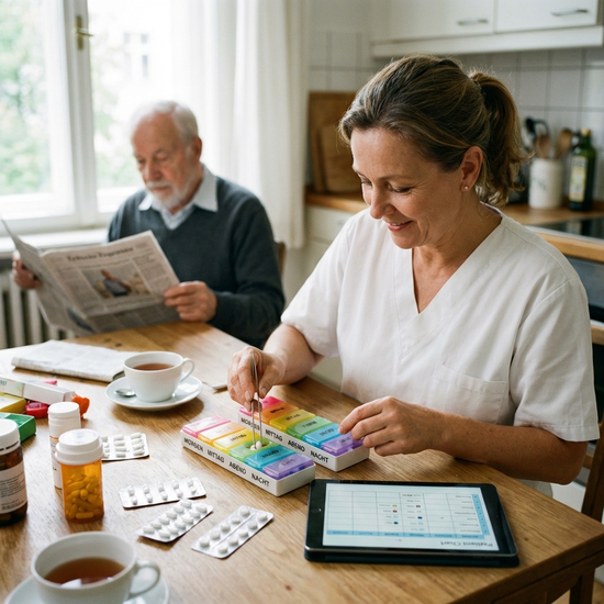 Pflegekraft bereitet am Tisch sorgfältig Medikamente vor