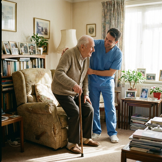 Pfleger hilft einem Senior behutsam beim Aufstehen aus dem Sessel