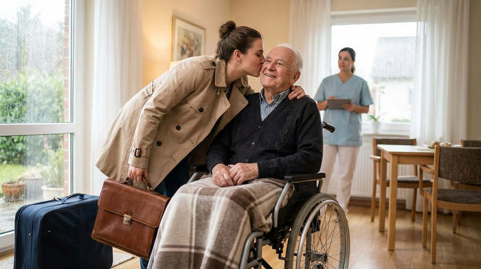 Eine junge Frau mit Aktentasche verabschiedet sich morgens von ihrem pflegebedürftigen Vater