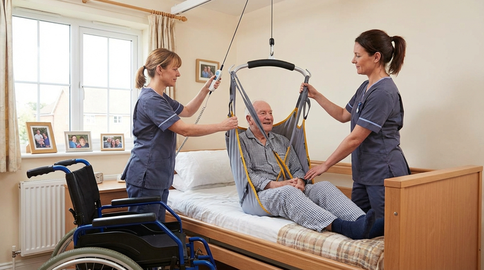 Pflegekraft nutzt einen Lifter, um einen Senior schonend ins Bett zu verlagern