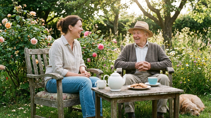 Pflegerin und Senior sitzen entspannt im Garten und unterhalten sich