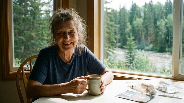 Erschöpfte, aber lächelnde pflegende Angehörige bei einer Tasse Kaffee am Fenster mit Blick in die Natur