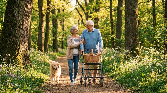 Pflegende Angehörige beim entspannten Spaziergang in der Natur bei Sonnenschein