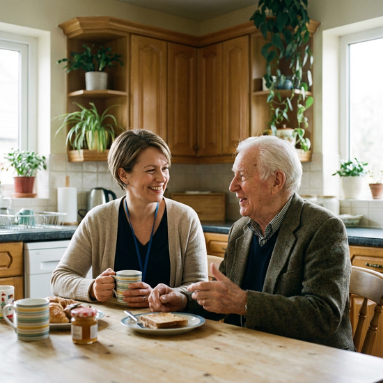 Freundliche Pflegerin im Gespräch am Küchentisch mit einem Senior