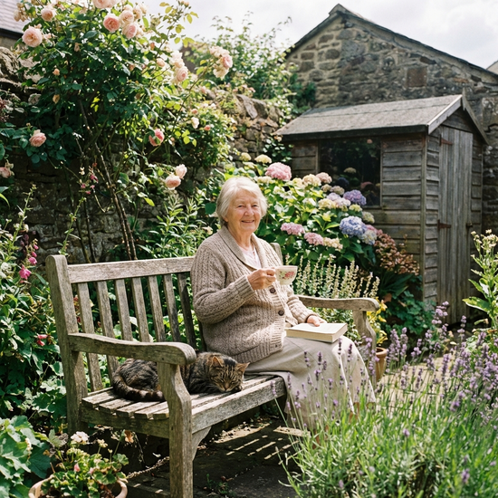 Ältere Dame entspannt im Garten auf einer Bank