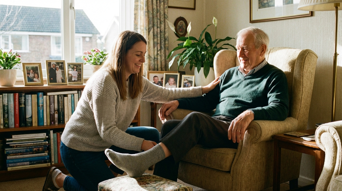 Tochter unterstützt ihren Vater im Wohnzimmer