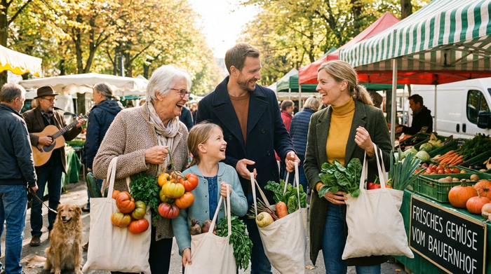 Angehörige beim entspannten Einkaufen auf dem Wochenmarkt mit frischem Gemüse
