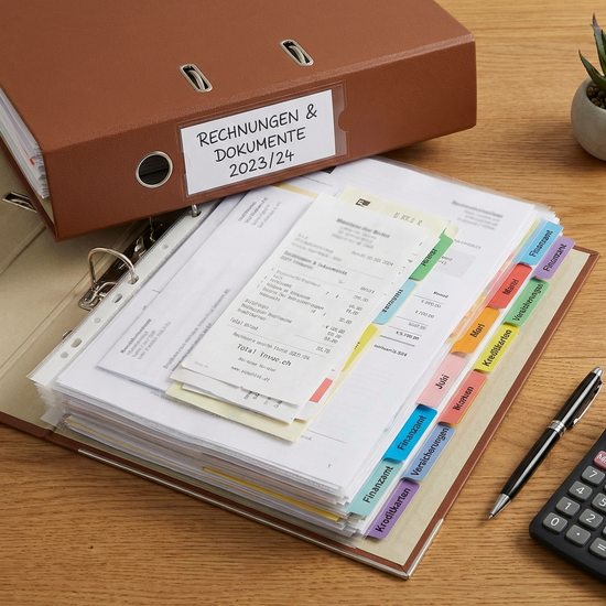 Ordner mit ordentlich sortierten Rechnungen und Dokumenten