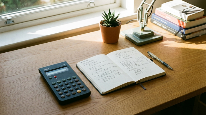 Taschenrechner und Notizblock auf einem aufgeräumten Schreibtisch