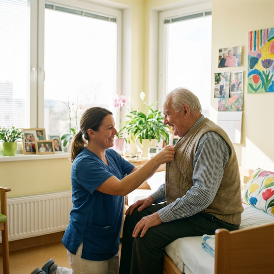 Freundliche Pflegerin hilft älterem Herrn beim Anziehen in einem hellen, freundlichen Krankenzimmer