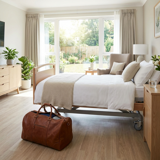 Gepackte Reisetasche steht neben einem frisch bezogenen Pflegebett in einer modernen Pflegeeinrichtung