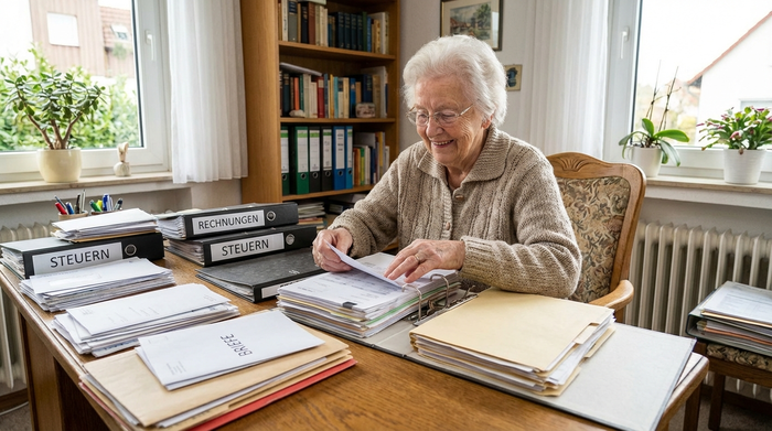 Ältere Dame sitzt am Schreibtisch und sortiert übersichtlich Dokumente und Unterlagen in Ordner
