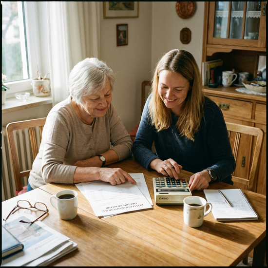 Seniorin und Tochter sitzen gemeinsam am Esstisch und besprechen einen Kostenvoranschlag mit Taschenrechner