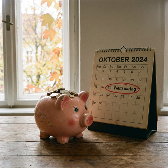 Sparschwein steht neben einem Kalender auf einem Holztisch