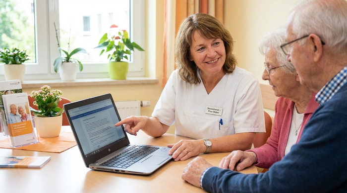Freundliche Sozialarbeiterin im Krankenhaus im Gespräch mit Angehörigen am Laptop