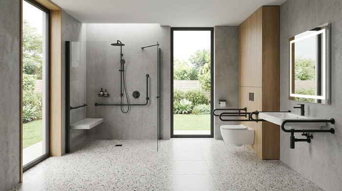 Modernes, barrierefreies Badezimmer mit Haltegriffen und bodengleicher Dusche