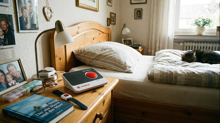 Hausnotruf-Gerät auf Nachttisch neben Bett