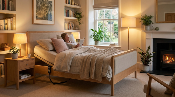 Elektrisches Pflegebett in gemütlichem Schlafzimmer