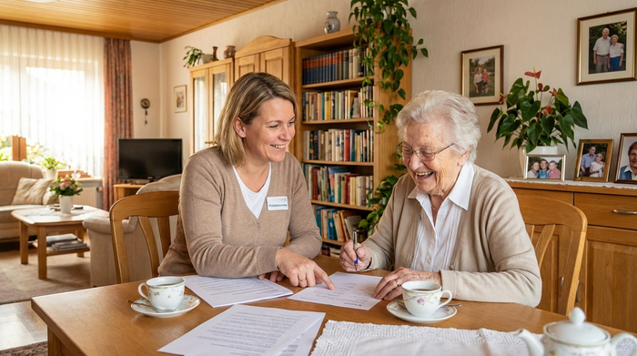 Pflegeberaterin sitzt mit Seniorin am Esstisch und füllt gemeinsam Dokumente aus, helle Wohnzimmeratmosphäre