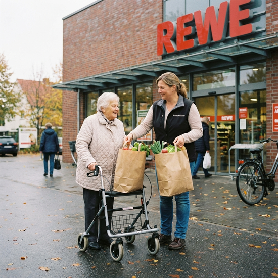 Alltagsbegleiterin hilft älterer Dame beim Tragen von Papiertüten mit Lebensmitteln vor einem Supermarkt