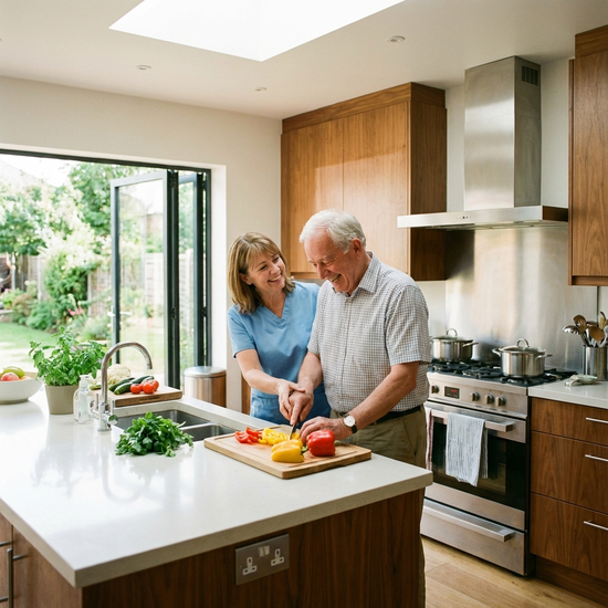 Pflegerin unterstützt Senior beim gemeinsamen Kochen und Schneiden von Gemüse in einer modernen Küche