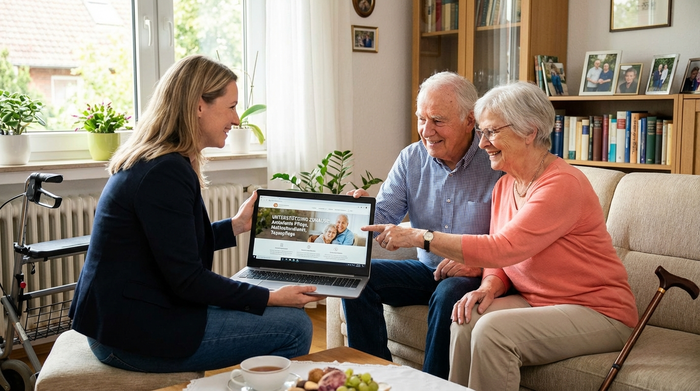 Pflegeberaterin erklärt einem älteren Ehepaar am Laptop verschiedene Unterstützungsmöglichkeiten in ihrem Wohnzimmer