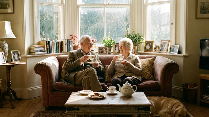 Älteres Ehepaar sitzt entspannt auf dem Sofa im hellen Wohnzimmer und trinkt Tee
