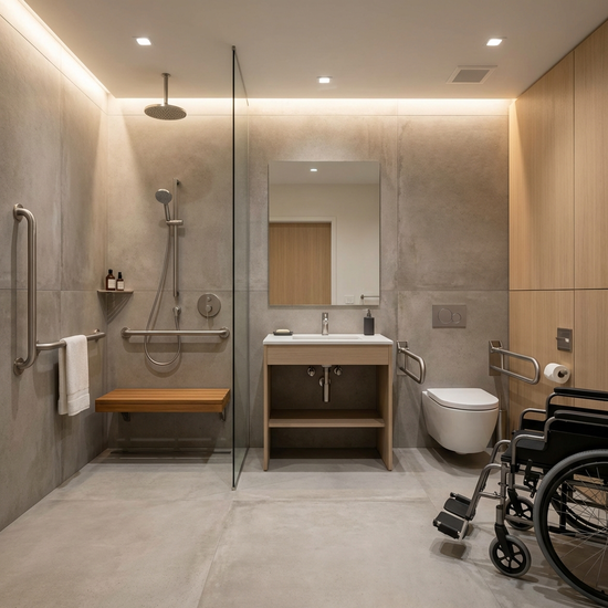 Modernes, barrierefreies Badezimmer mit bodengleicher Dusche und Haltegriffen
