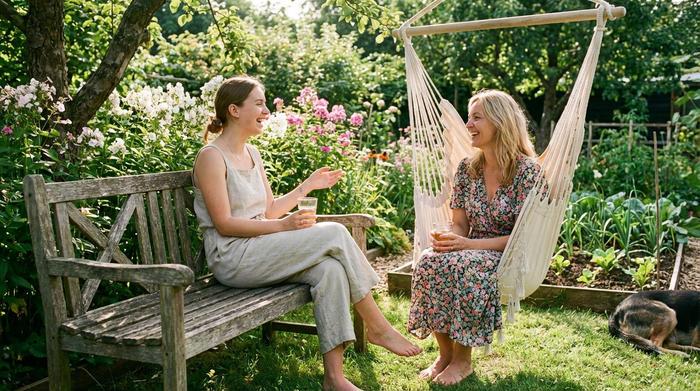 Entspannte Tochter sitzt mit ihrer Mutter im Garten und unterhält sich