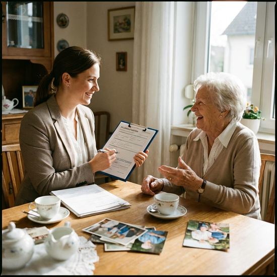 Freundliche Gutachterin mit Klemmbrett im Gespräch mit Seniorin am Esstisch
