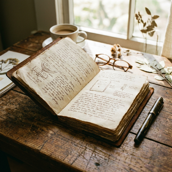 Aufgeschlagenes Notizbuch mit Stift auf einem Holztisch