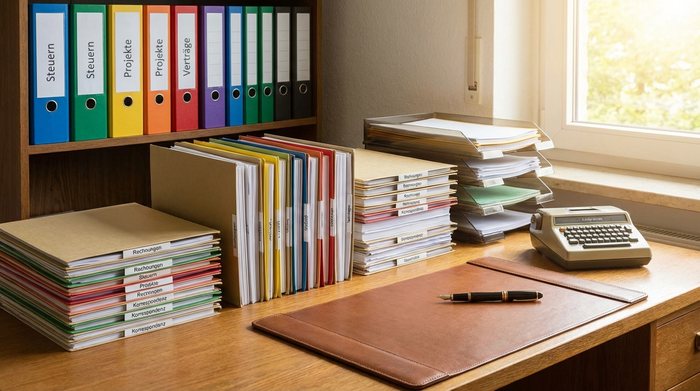 Ordentlich sortierte Mappen und Dokumente auf einem Schreibtisch