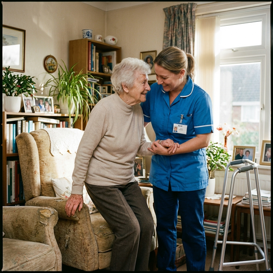 Professionelle Pflegekraft hilft Seniorin behutsam beim Aufstehen aus dem Sessel