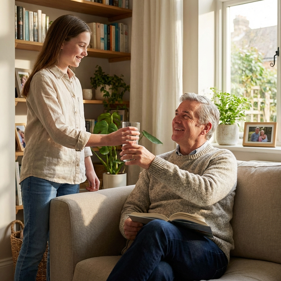 Tochter reicht ihrem lächelnden Vater ein Glas Wasser im Wohnzimmer