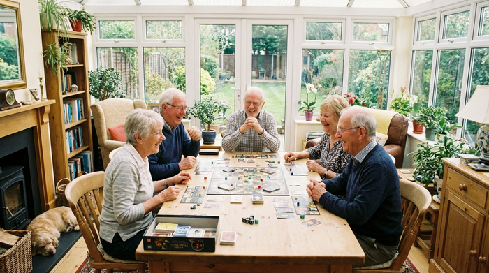 Seniorengruppe spielt gemeinsam ein Brettspiel in einem hellen Raum