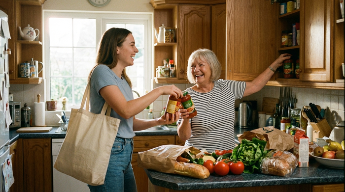 Junge Frau hilft beim Einräumen der Einkäufe in die Küchenschränke